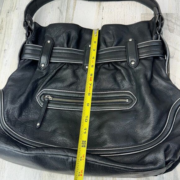 Cole Haan Black Leather Pebbled Satchel Handbag Metallic Trim Large Bag Purse - Picture 5 of 8